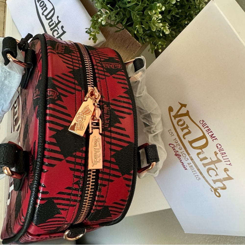 NWT Von Dutch Red and Black Plaid Bowling Crossbody Bag Y2K Retro - Picture 5 of 9